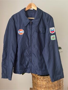 Men's FISHBONE Navy Blue Full-Zip Work Jacket Patches Retro Y2K Mechanic Medium